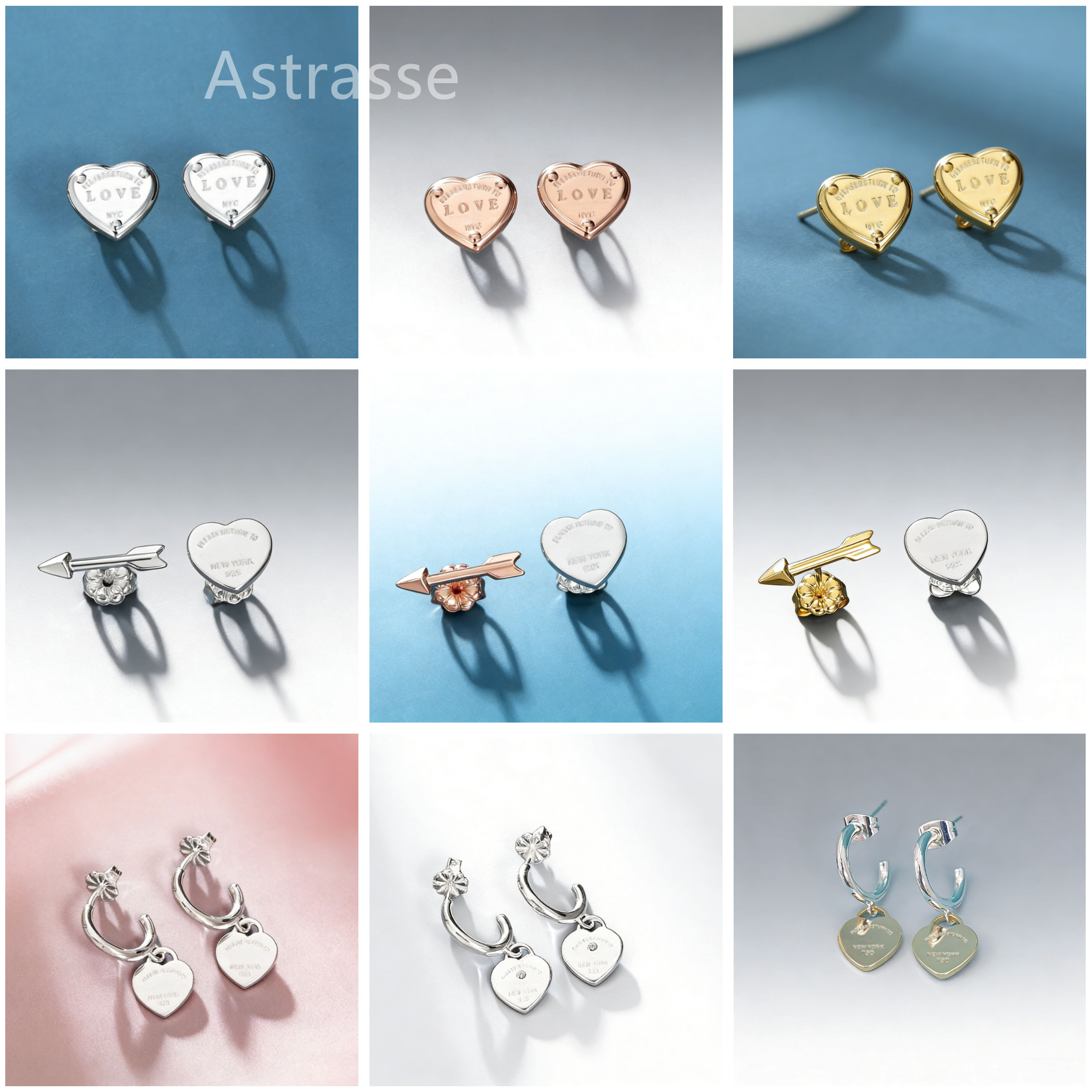 Astrasse爱心箭头t家耳钉love字耳环小众设计感不对称耳饰百搭潮