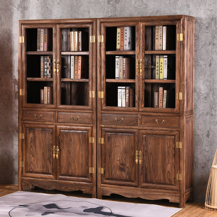新中式书柜组合老榆木书架实木储物柜带门置物柜书橱陈列柜展示柜