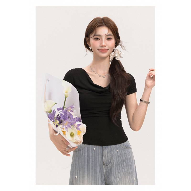 黑色荡领短袖T恤女2025新款夏季褶皱设计感修身休闲宽松内搭上衣