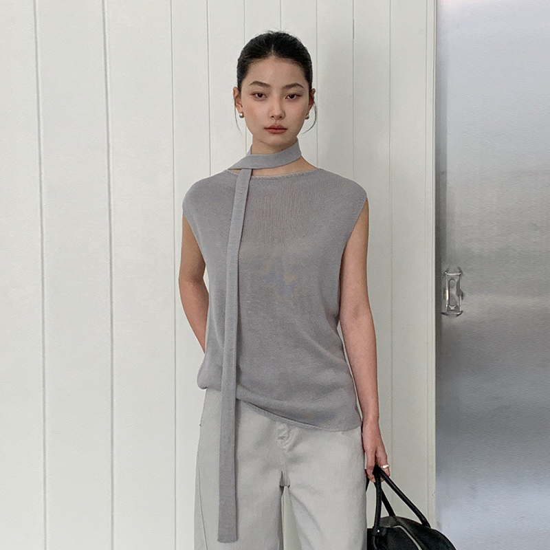 简约随性新品针织T恤女2025春季新款韩版休闲飘带无袖套头上衣