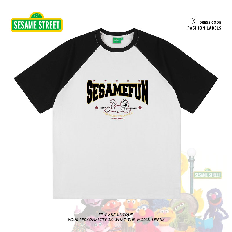 Sesame Street/芝麻街字母印花拼接撞色圆领宽松休闲情侣短袖T恤