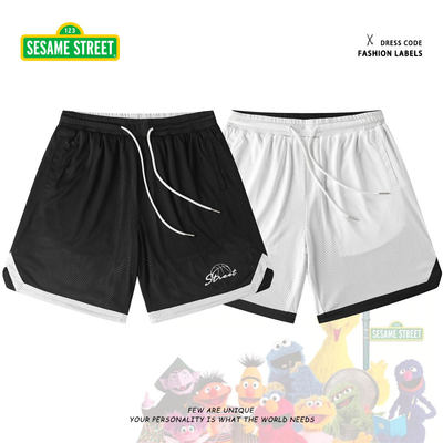 Sesame Street/芝麻街网眼透气篮球裤双面穿简约基础抽绳宽松短裤