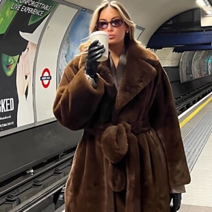 bgc斯拉夫辣妹冬季仿兔毛保暖长袖环保皮草外套长款腰带收腰大衣