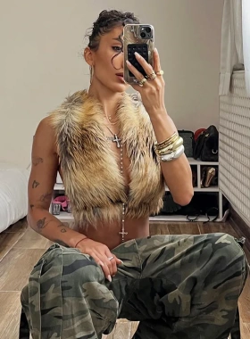 bgc美式辣妹时尚秋冬皮草马甲性感露背挂脖露脐毛绒无袖上衣外套