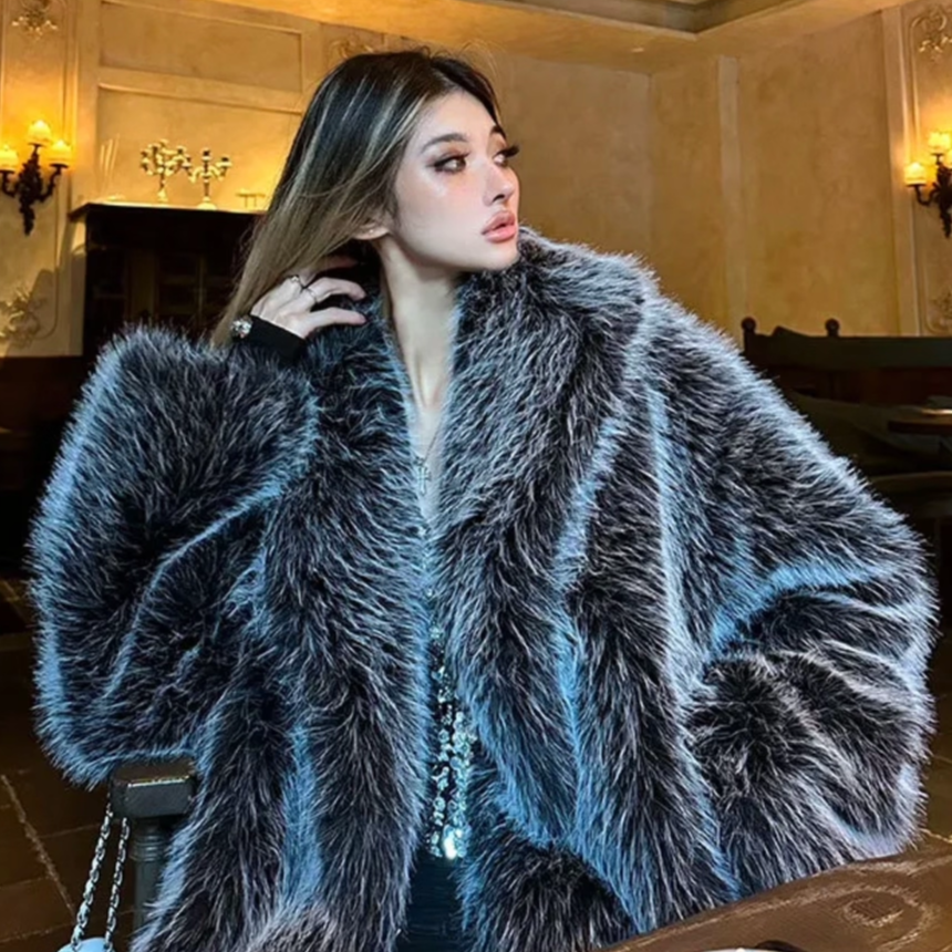 辣妹欧美风蓬松仿狐狸毛皮草外套