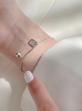 s925纯银幸运方牌手链女新款ins小众设计高级感good luck闺蜜手饰