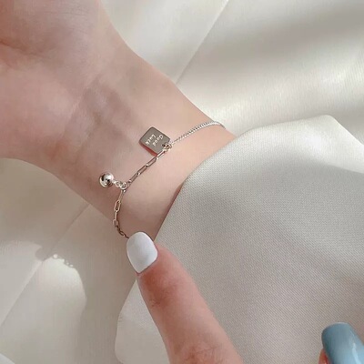 s925纯银幸运方牌手链女新款ins小众设计高级感good luck闺蜜手饰