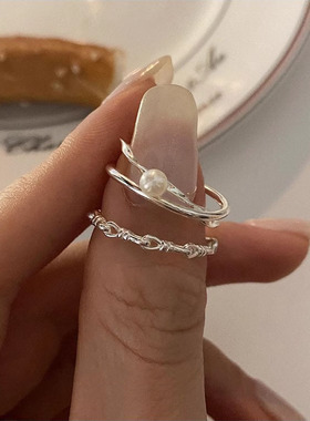 s925纯银天然淡水珍珠戒指女ins小众设计不规则双层细款素圈指环