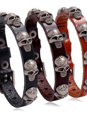 跨境热销配饰欧美新款朋克风骷髅头牛皮手链个性潮流男女学生饰品