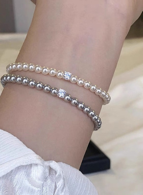 s925纯银流心方糖锆石正圆仿施家珍珠手链女 轻奢精致高级感手串