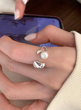 s925纯银不规则淡水珍珠戒指女ins法式小众简约幸运豆豆开口指环