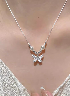 s925纯银仿施家珍珠项链女ins新中式轻奢温柔风蝴蝶纹理锁骨链