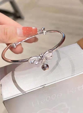 铜镀银蝴蝶结铃铛手镯女S999钢印小众设计高级感年轻款公主镯子