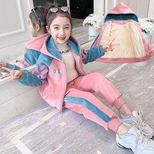 女童金丝绒卫衣加绒加厚女孩春秋冬休闲运动服儿童双面绒两件套装