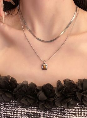双层虎眼石吊坠项链女简约日常百搭气质高级感设计感学生潮流颈链