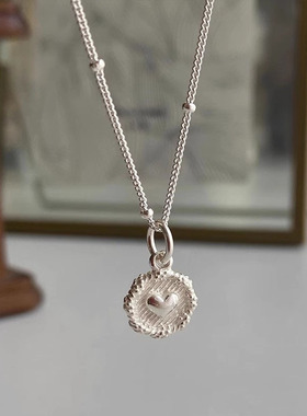 s925纯银小圆牌爱心项链女ins夏甜美轻奢简约编织花边桃心锁骨链