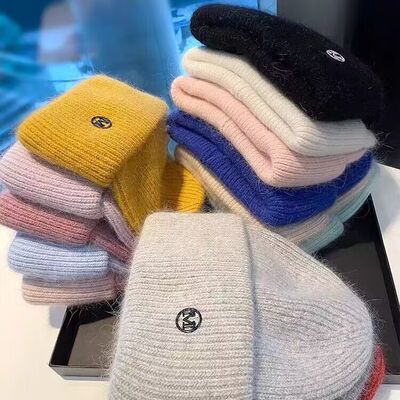 韩版时尚M标兔毛毛线帽女秋冬季加厚保暖护耳针织帽子女套头冷帽
