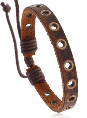 跨境电商货源 手饰 复古棕色汽眼牛皮手链 男士编织皮革饰品