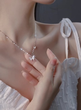 新款S925纯银蝴蝶带钻项链女夏轻奢小众高级感百搭锁骨链首饰