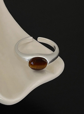 s925纯银虎眼石戒指女 秋冬美拉德风ins法式复古磨砂哑光质感指环