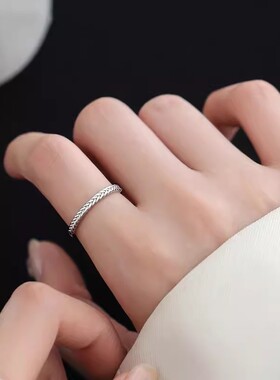 s925纯银麦穗戒指女ins小众设计个性素圈简约纹理推拉可调节指环