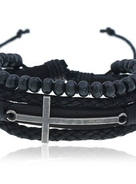 欧美跨境速卖通新款黑色复古串珠牛皮手链简约多层编织皮革手链