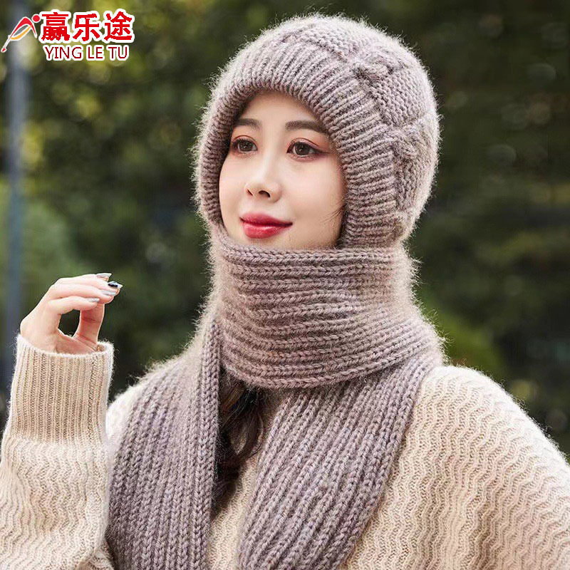帽子女冬季保暖毛线帽新款时尚潮针织围脖一体棉帽骑车护耳包头帽