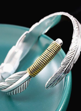 复古金尾羽毛手镯男士潮流个性实心镯子男款手饰品仿泰银羽毛手环