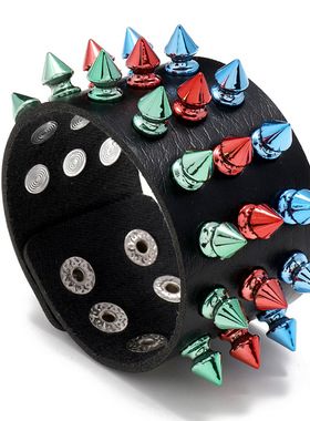 欧美跨境饰品新款三排彩色尖钉夸张朋克皮革手链个性街头演出手饰