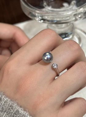 方糖家 强光伴彩珍珠纯银开口锆石戒指轻奢高级感小众设计银饰女