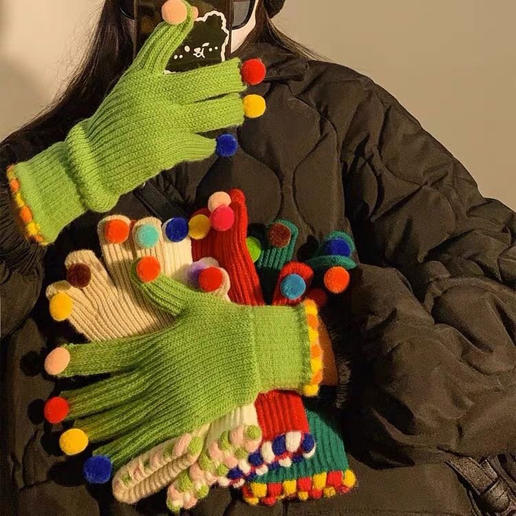 彩色球球毛线针织手套女冬季可爱小球触屏露手指头保暖五指骑车暖