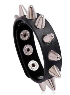 厂价直销 欧美饰品 个性尖钉朋克男士皮革手链 潮流机车配饰