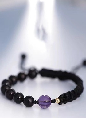 新款天然黑曜石情侣手链紫水晶轻奢小众高级感原創设计款情侣手链