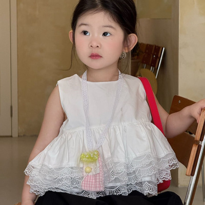 2025夏季新款童装 韩版童装 女童无袖背心蕾丝上衣 裙摆式衬衫