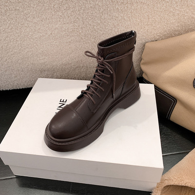 真皮厚底马丁靴女2024年新款小个子系带短靴内增高弹力瘦瘦靴子女