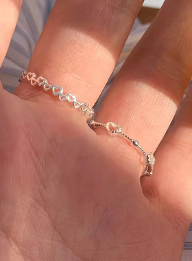 s925纯银爱心镂空扁豆戒指女 迷你简约百搭细戒ins圆珠线条食指环