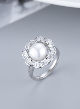 欧美爆款925纯银镶钻淡水珍珠花朵戒指指子女款DIY空托配件
