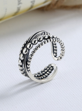 新概念s925银 缠绕交叉圆珠多层泰银戒指复古做旧ins个性新潮指环