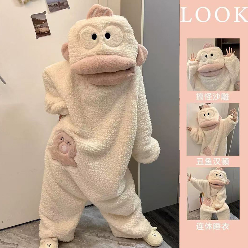 珊瑚绒睡衣女秋冬款连体丑鱼加绒加厚法兰绒睡袍秋冬季卡通家居服