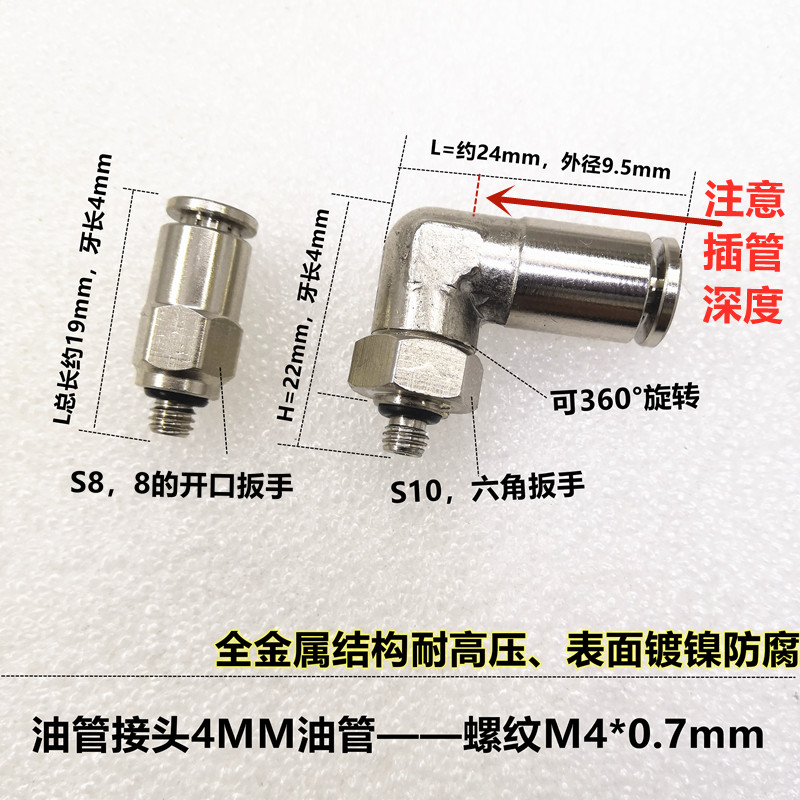 上银滑块油嘴导轨润滑油管接头M6x0.75直通润滑点4mm快插可旋转M4