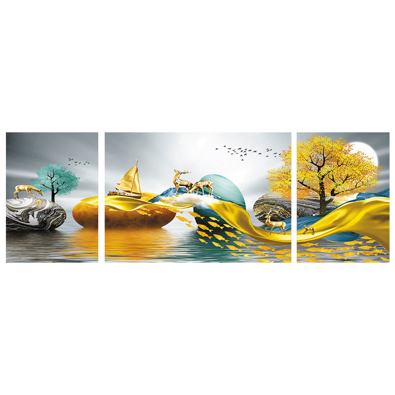 极速十字绣2022新款线绣客厅三联画时来运转麋鹿风景满绣发财树手