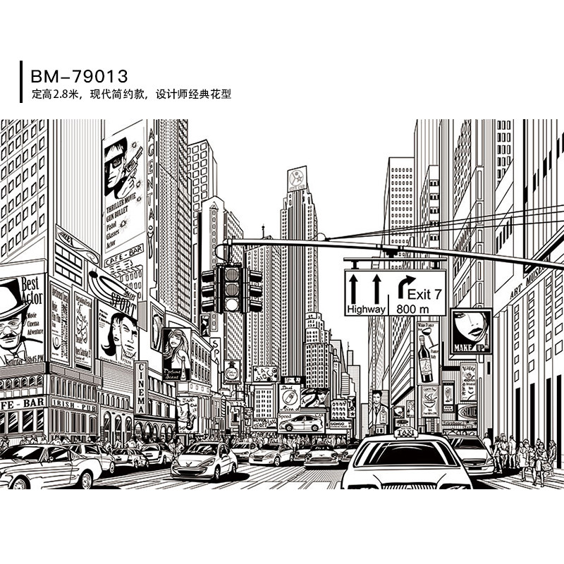 新品黑白手绘城市街景壁纸欧式建筑个性电视背景墙纸定制壁画无缝