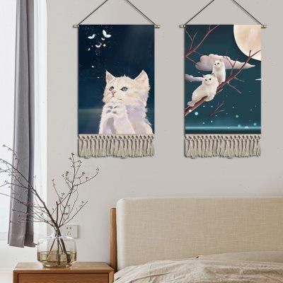 简约卡通猫咪挂画布艺卧室儿童房装饰画教室民宿挂毯宿舍改造布画