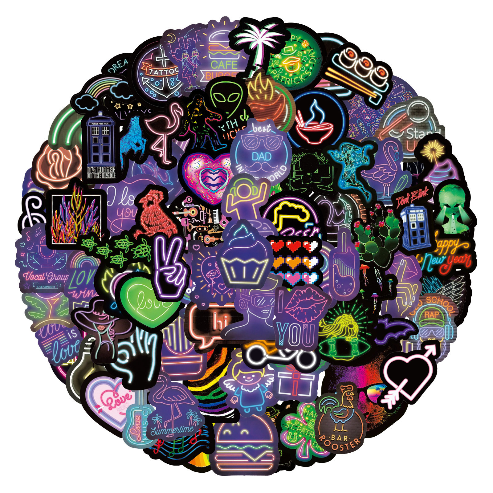 100张新款霓虹灯防夜光个性涂鸦贴纸汽车笔记本电脑手机壳平板滑板水杯电动车头盔行李箱水杯装饰贴画小图案