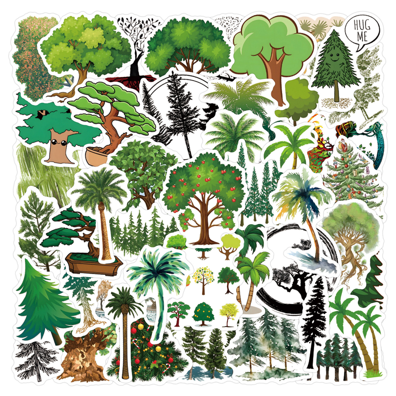 110张卡通绿色森林树木植物个性涂鸦笔记本电脑贴纸小清新装饰平板水杯滑板行李箱diy手账文具电动车贴画防水