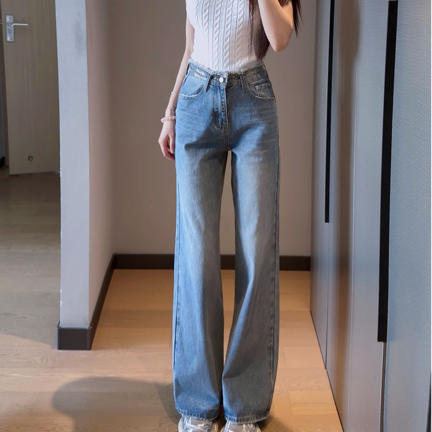 【腰头带钻】直筒阔腿显瘦牛仔裤女中低腰刺绣水洗磨破红人搭配裤