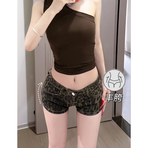 豹纹牛仔短裤复古低腰弹力
