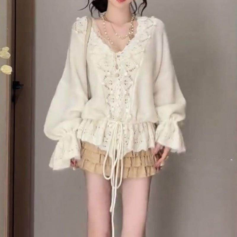 YS慵懒风V领毛球羊毛外套女设计感薄款绑带镂空针织衫宽松开衫女