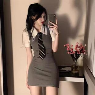 jk纯欲polo领带假两件短袖 收腰显瘦修身 紧包臀学院风连衣裙女夏季