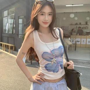 美式 純欲外穿螺紋吊帶防走光工字背心 上衣女夏季 甜辣風(fēng)小蘭花無袖